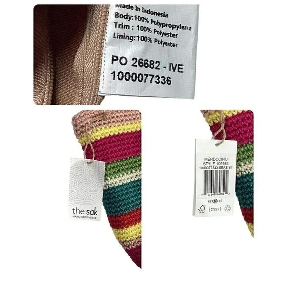 The Sak Mendocino Stripe Crochet Small Double Strap Zip Top Tote Vegan NEW Multi - Picture 11 of 11